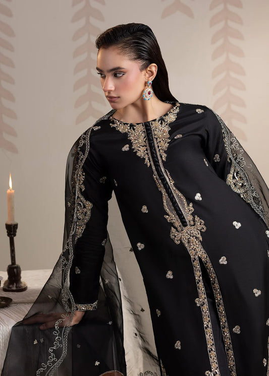 Black Embellished Raw Silk Front-Open Suit