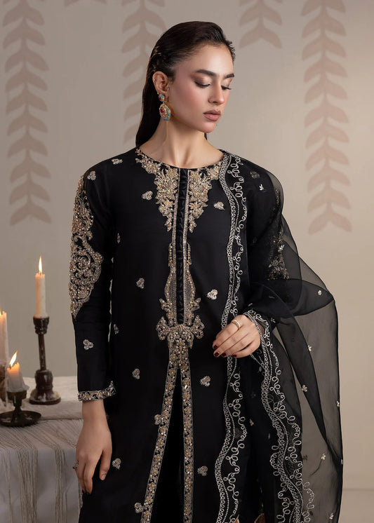 Black Embellished Raw Silk Front-Open Suit