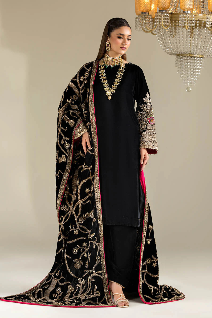 Hand Embroidered Black Velvet Suit with Heavy Embroidered Dupatta