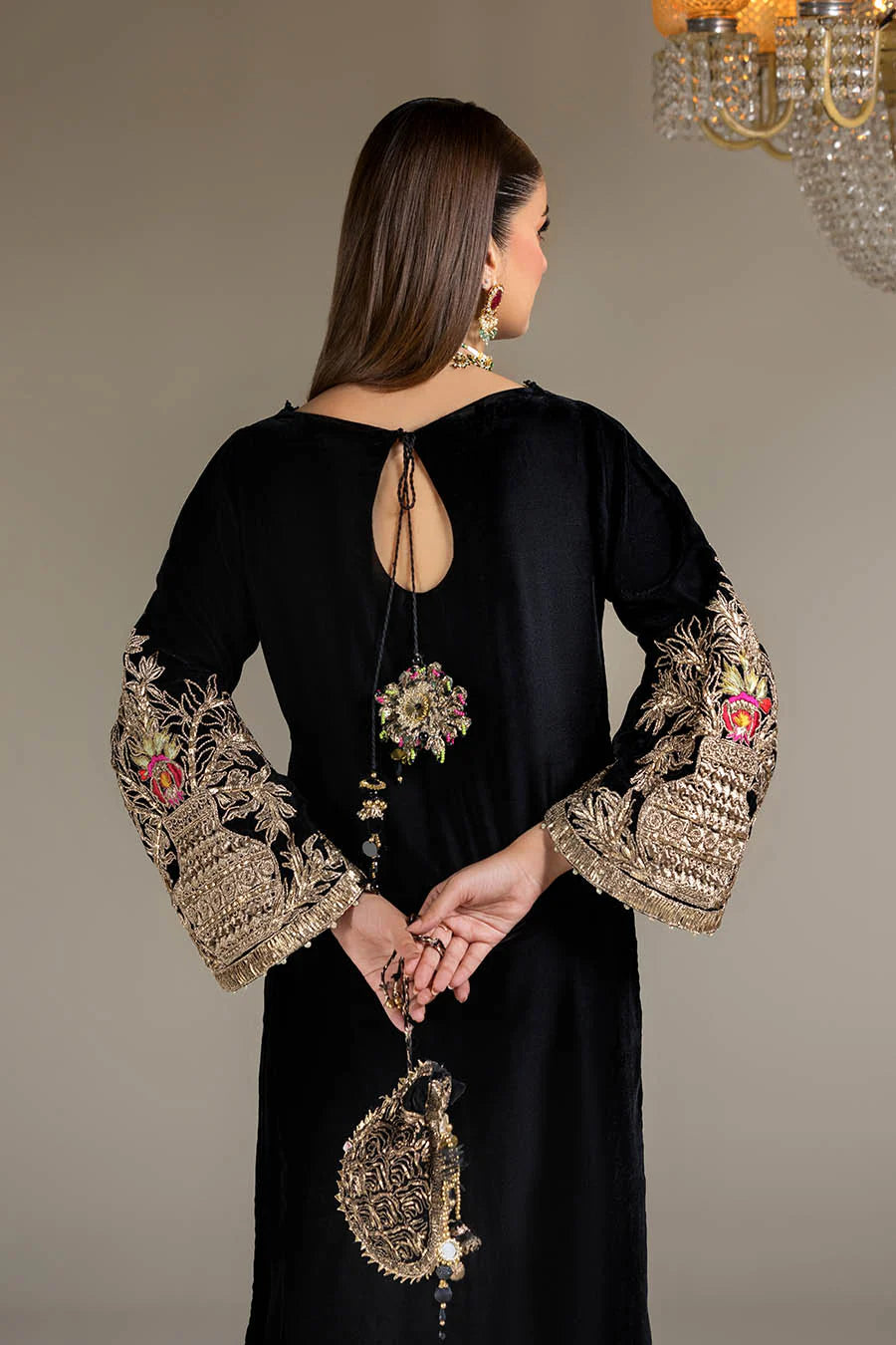 Hand Embroidered Black Velvet Suit with Heavy Embroidered Dupatta