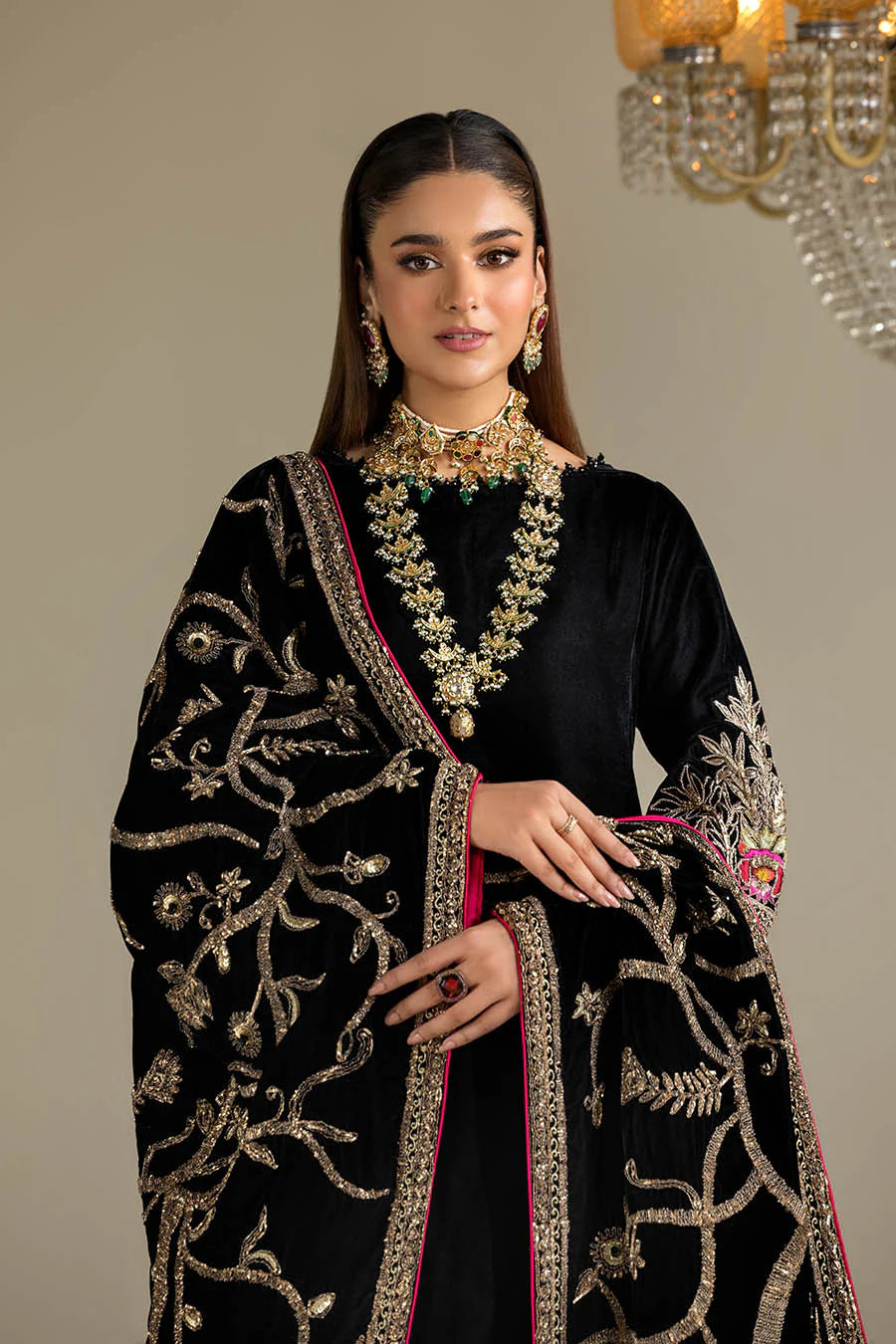 Hand Embroidered Black Velvet Suit with Heavy Embroidered Dupatta