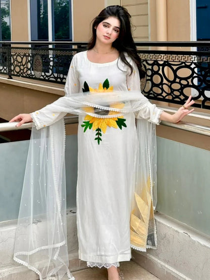 Hand Embroidered Pure Cotton Suit with Sunflower Wool Work