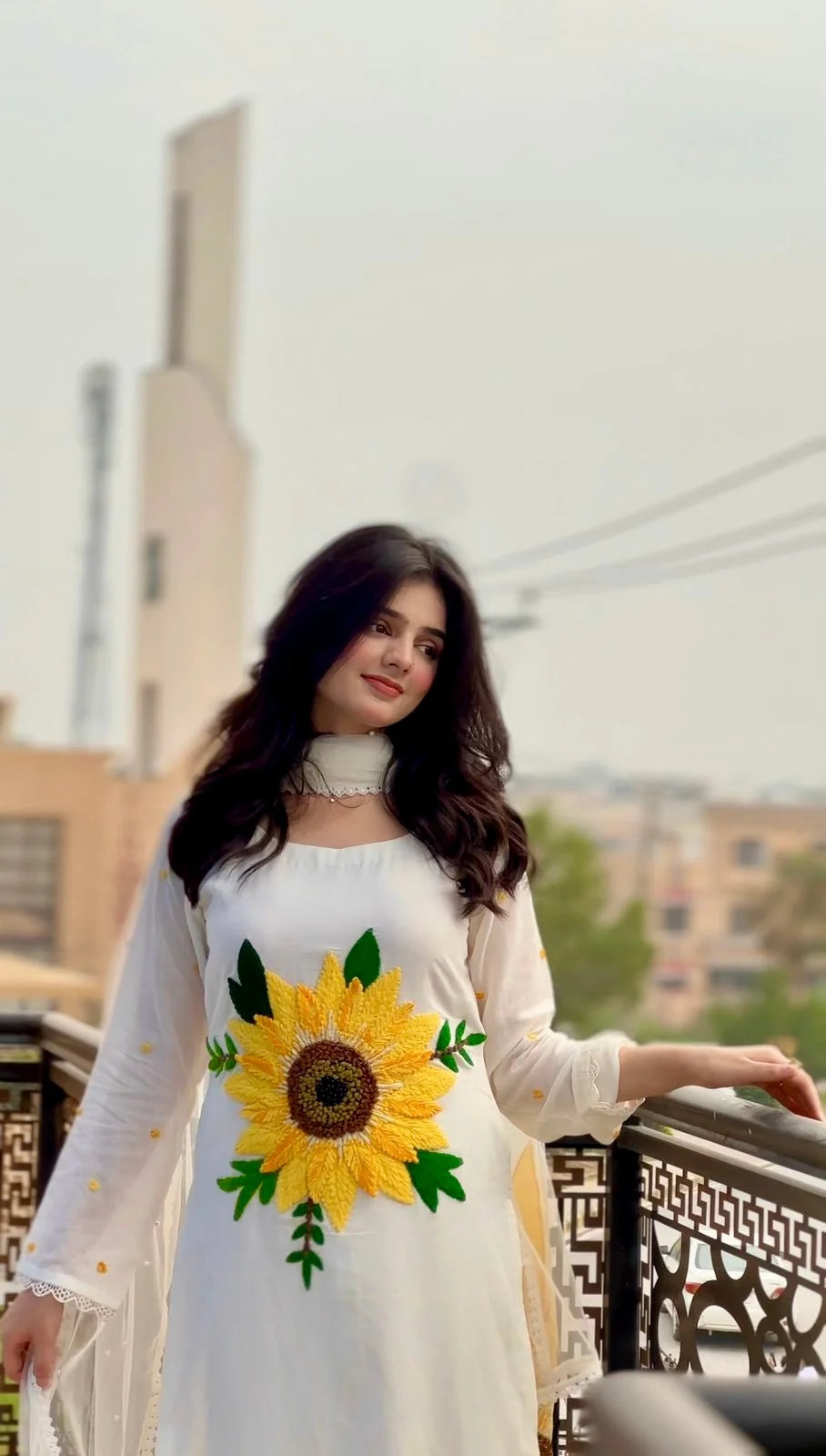 Hand Embroidered Pure Cotton Suit with Sunflower Wool Work