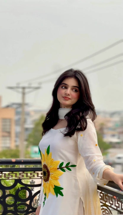 Hand Embroidered Pure Cotton Suit with Sunflower Wool Work