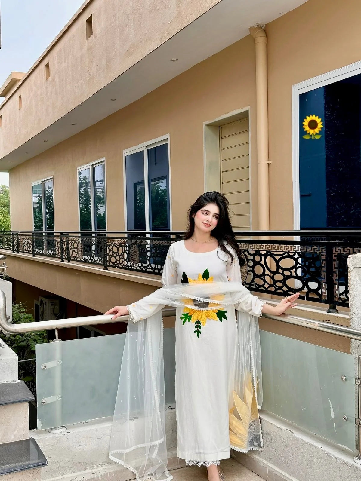 Hand Embroidered Pure Cotton Suit with Sunflower Wool Work