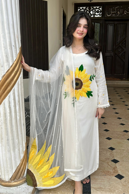 Hand Embroidered Pure Cotton Suit with Sunflower Wool Work