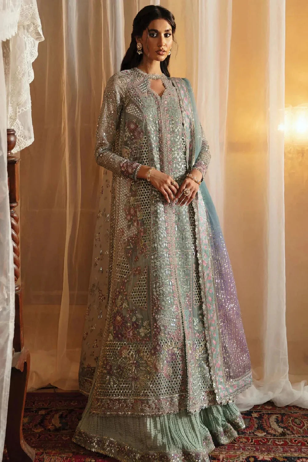 Front-Open Semi-Stitched Chikankari Suit with Sequins Work