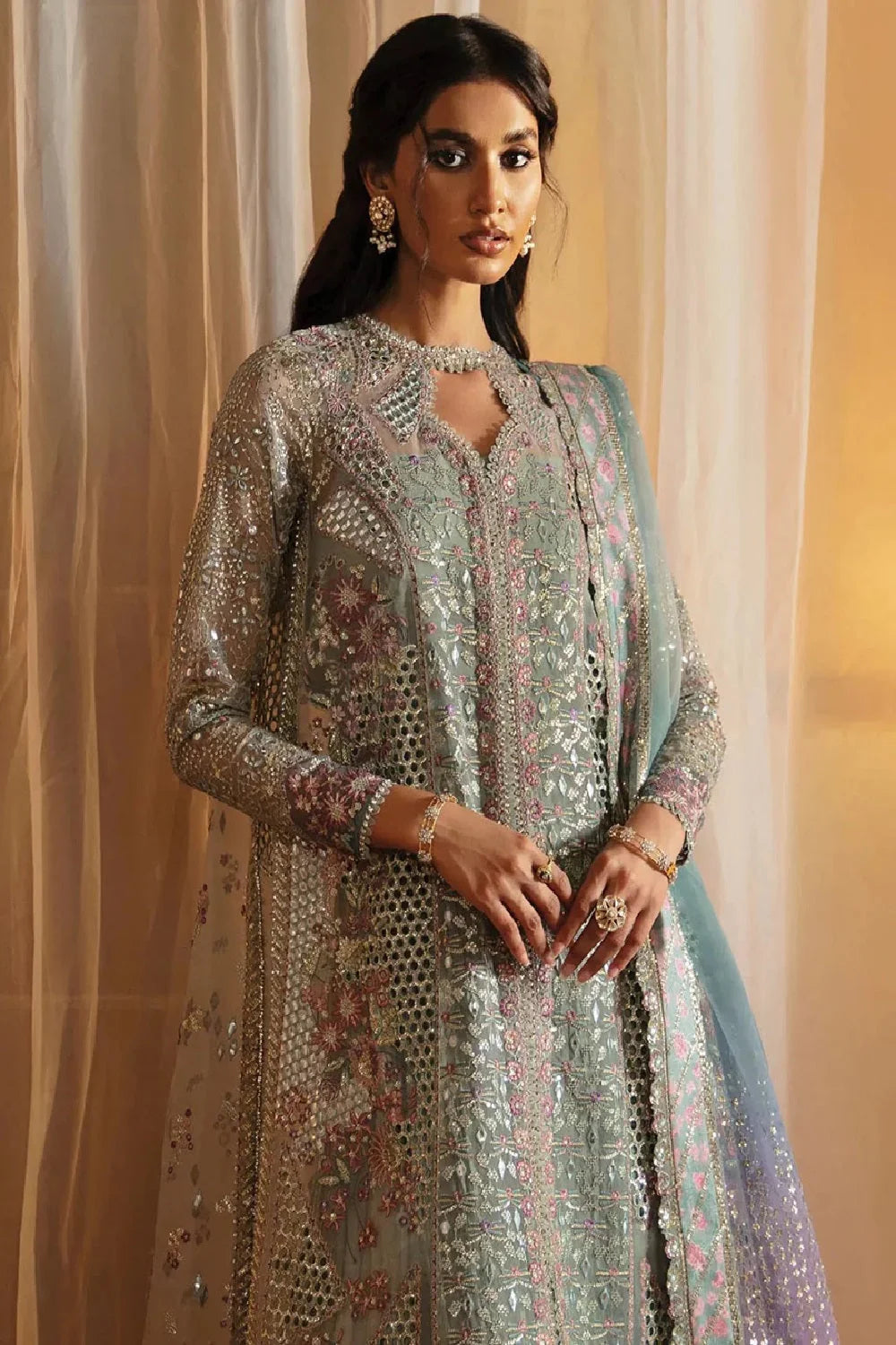 Front-Open Semi-Stitched Chikankari Suit with Sequins Work