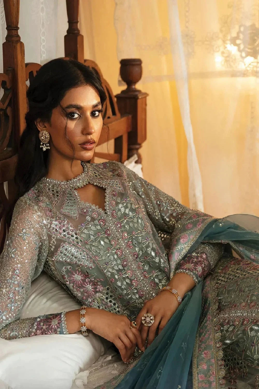 Front-Open Semi-Stitched Chikankari Suit with Sequins Work