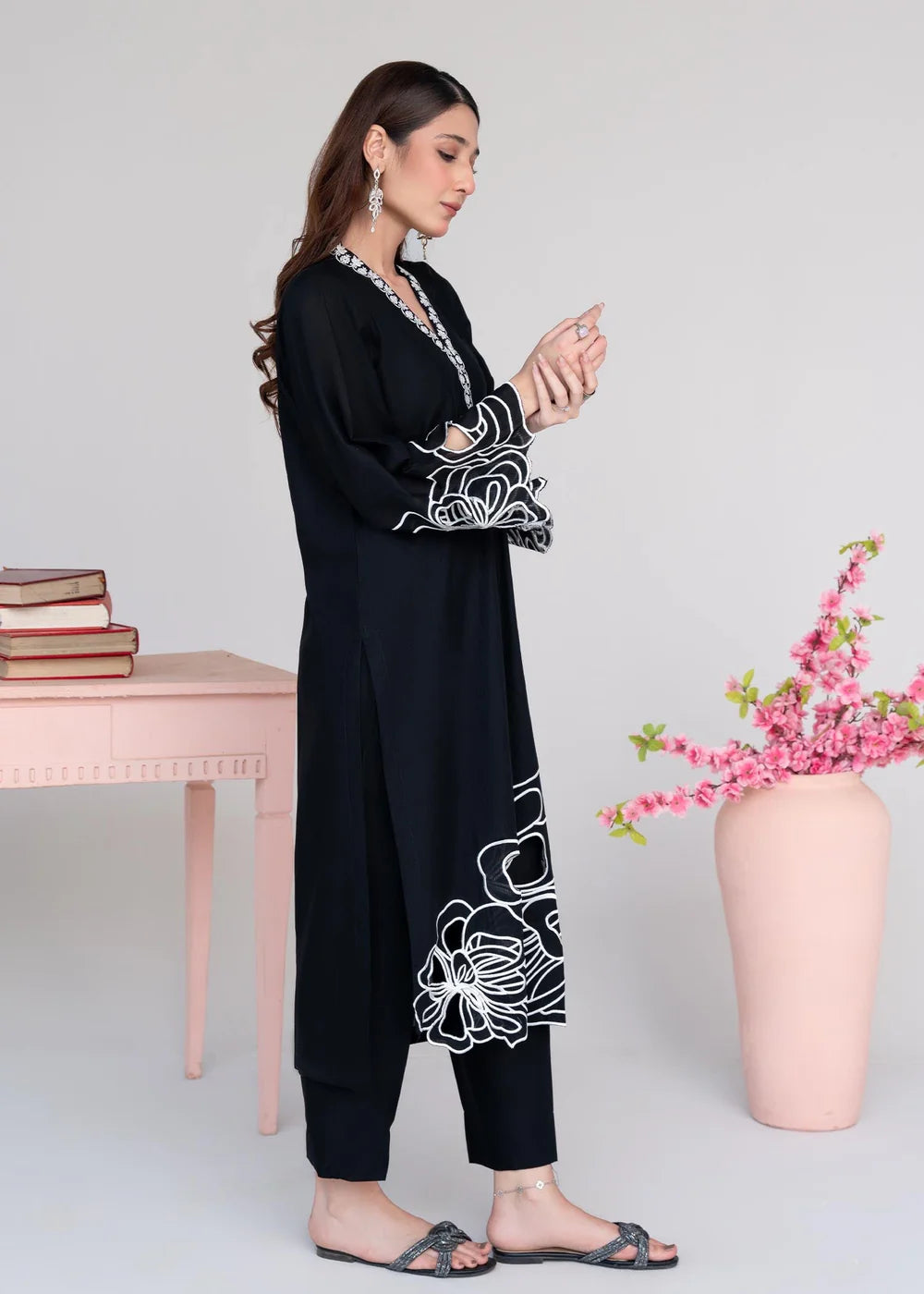 Black Embroidered Khaddar Winter Kurta Set