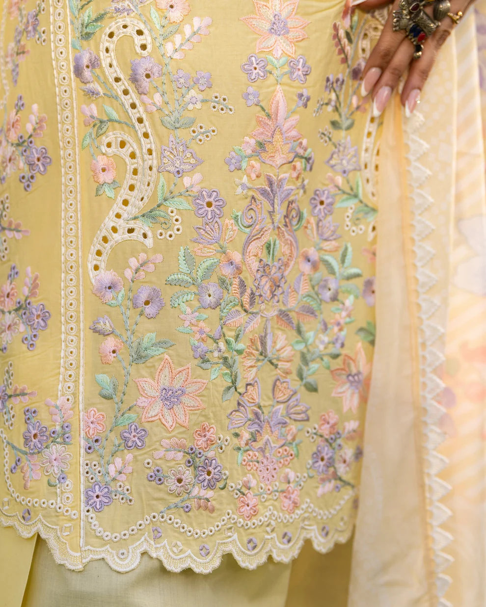Bright Yellow Pure Cotton Embroidered Suit with Cutwork Details
