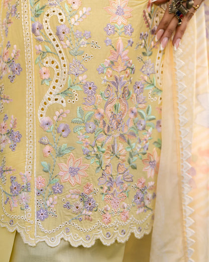 Bright Yellow Pure Cotton Embroidered Suit with Cutwork Details