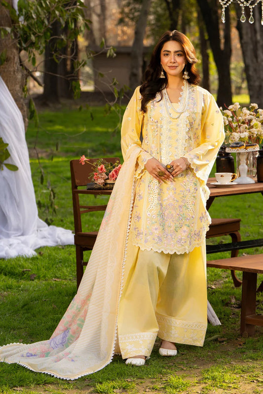 Bright Yellow Pure Cotton Embroidered Suit with Cutwork Details
