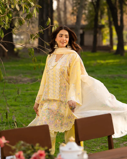 Bright Yellow Pure Cotton Embroidered Suit with Cutwork Details