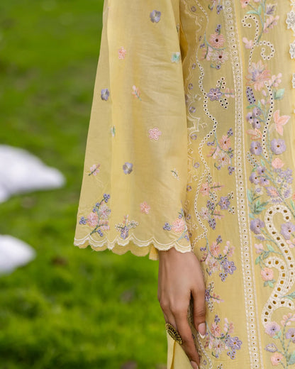 Bright Yellow Pure Cotton Embroidered Suit with Cutwork Details