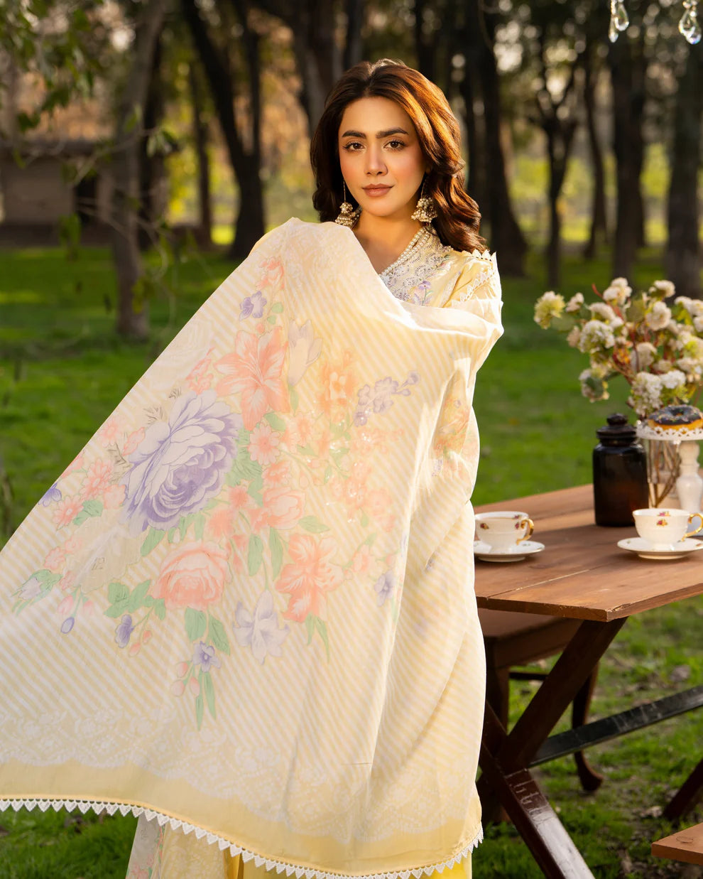 Bright Yellow Pure Cotton Embroidered Suit with Cutwork Details