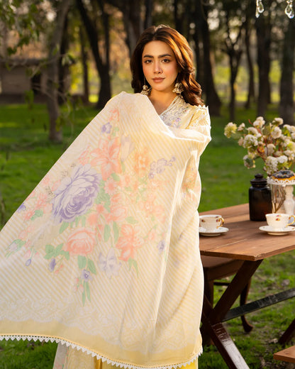 Bright Yellow Pure Cotton Embroidered Suit with Cutwork Details