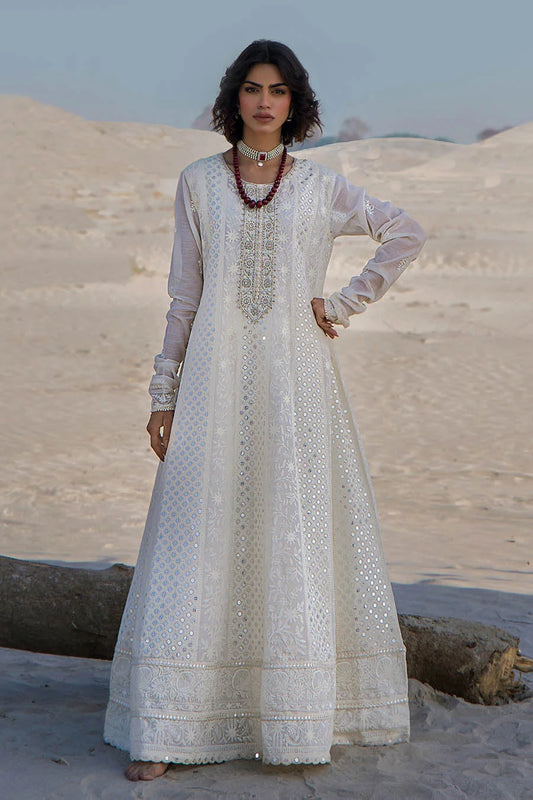 Hand Embroidered Swiss Lawn Off White Maxi