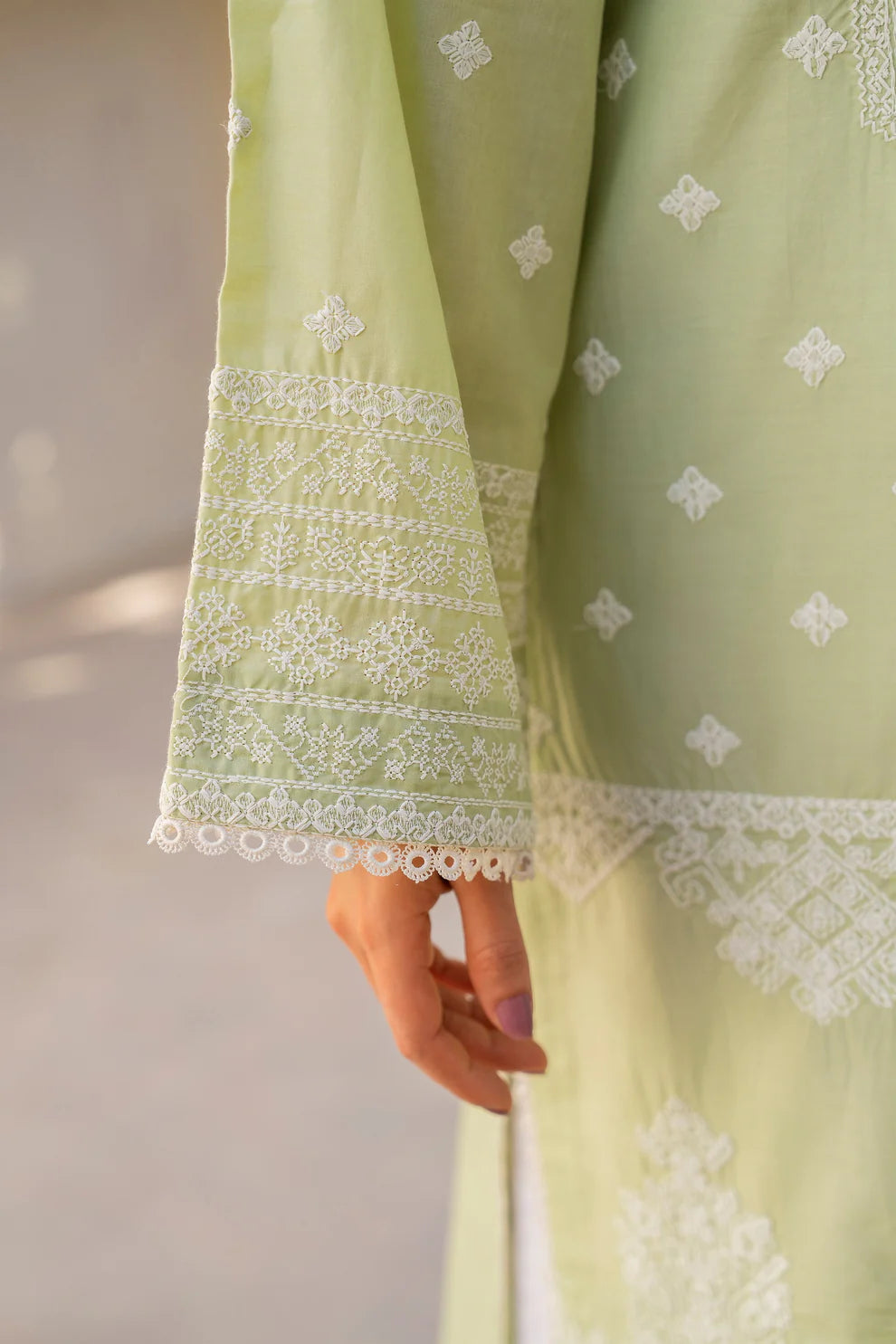 Pistachio Pure Cotton Suit with Matte Thread Work