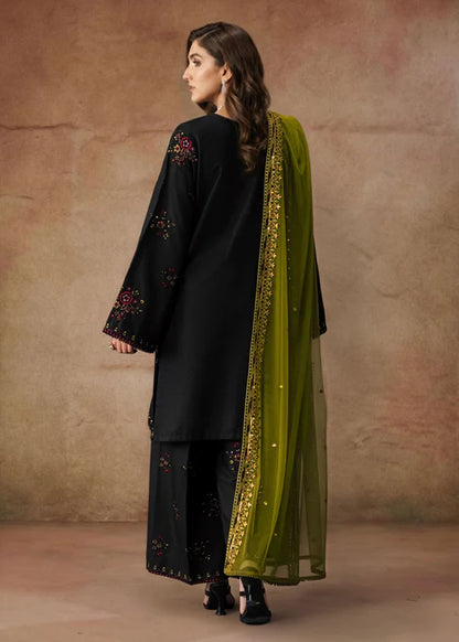 Embroidered Black Linen Kurta Set with Contrasting Dupatta