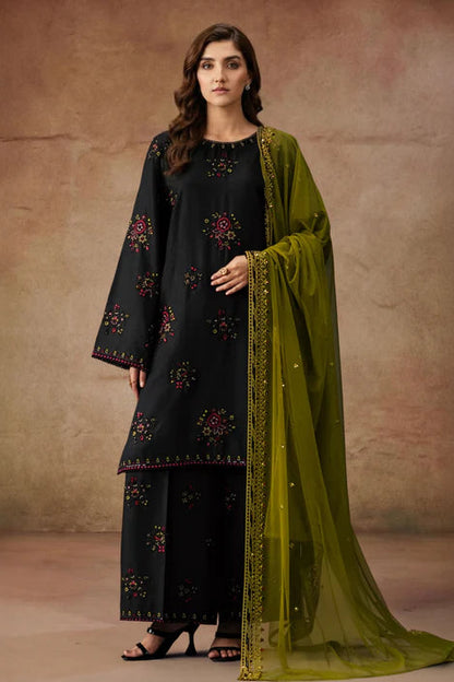 Embroidered Black Linen Kurta Set with Contrasting Dupatta