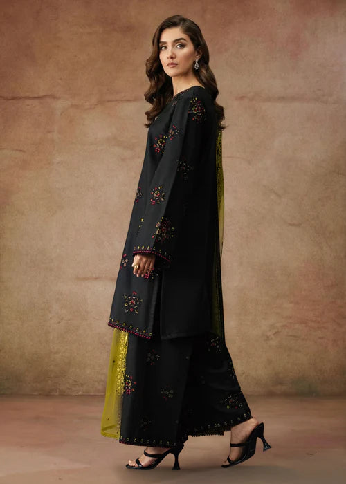 Embroidered Black Linen Kurta Set with Contrasting Dupatta