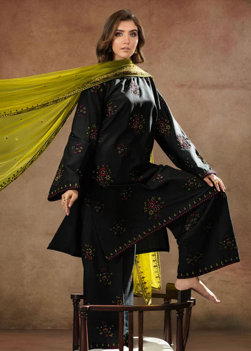 Embroidered Black Linen Kurta Set with Contrasting Dupatta