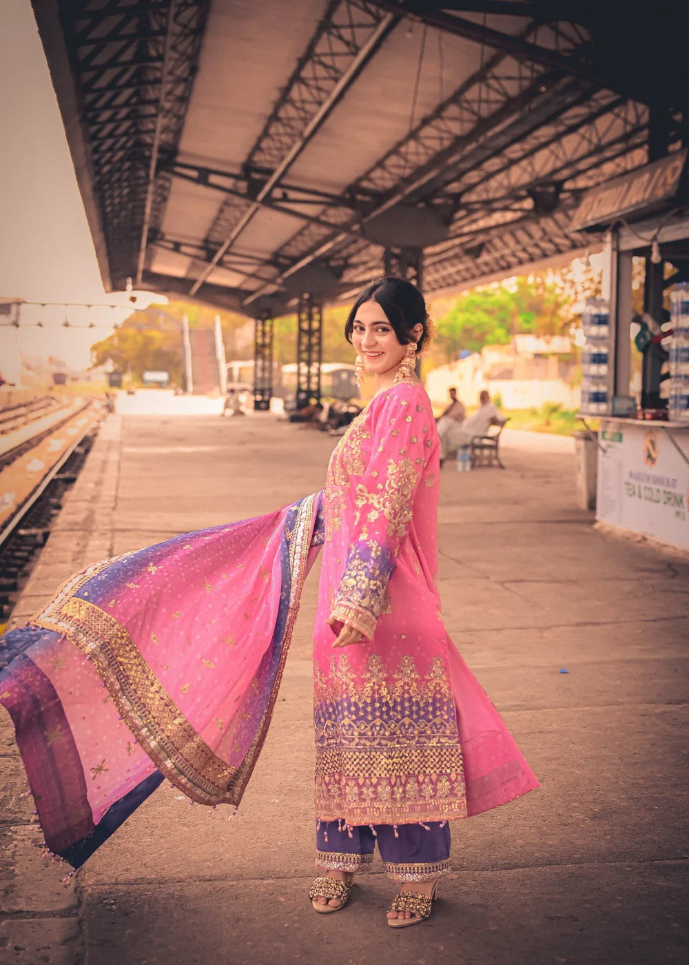 Pink & Purple Chiffon Embellished Suit