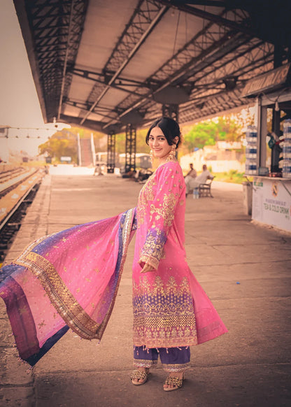 Pink & Purple Chiffon Embellished Suit