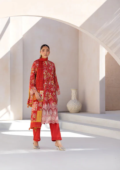 Red Printed Chikankari Lawn Kurta Set with Dupatta