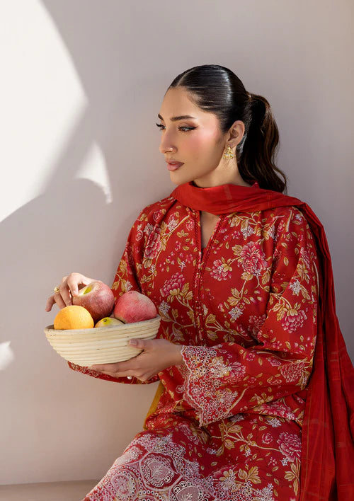 Red Printed Chikankari Lawn Kurta Set with Dupatta