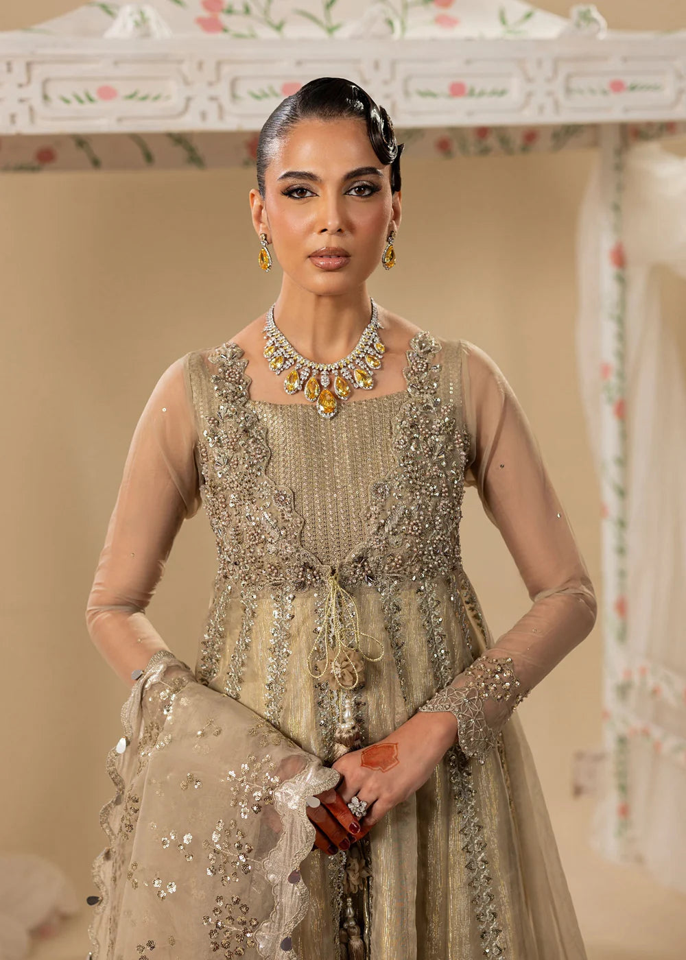 Gold Hand Embellished Organza Maxi