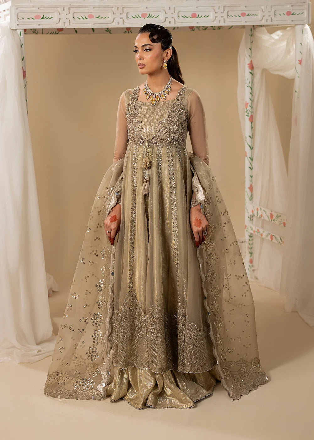 Gold Hand Embellished Organza Maxi