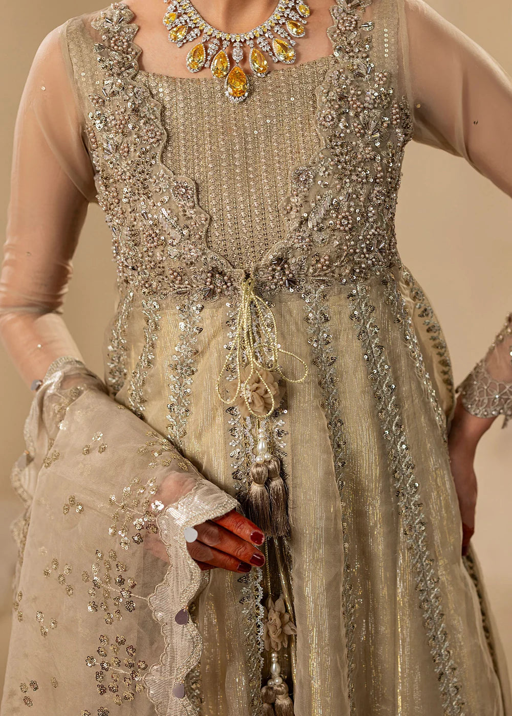 Gold Hand Embellished Organza Maxi