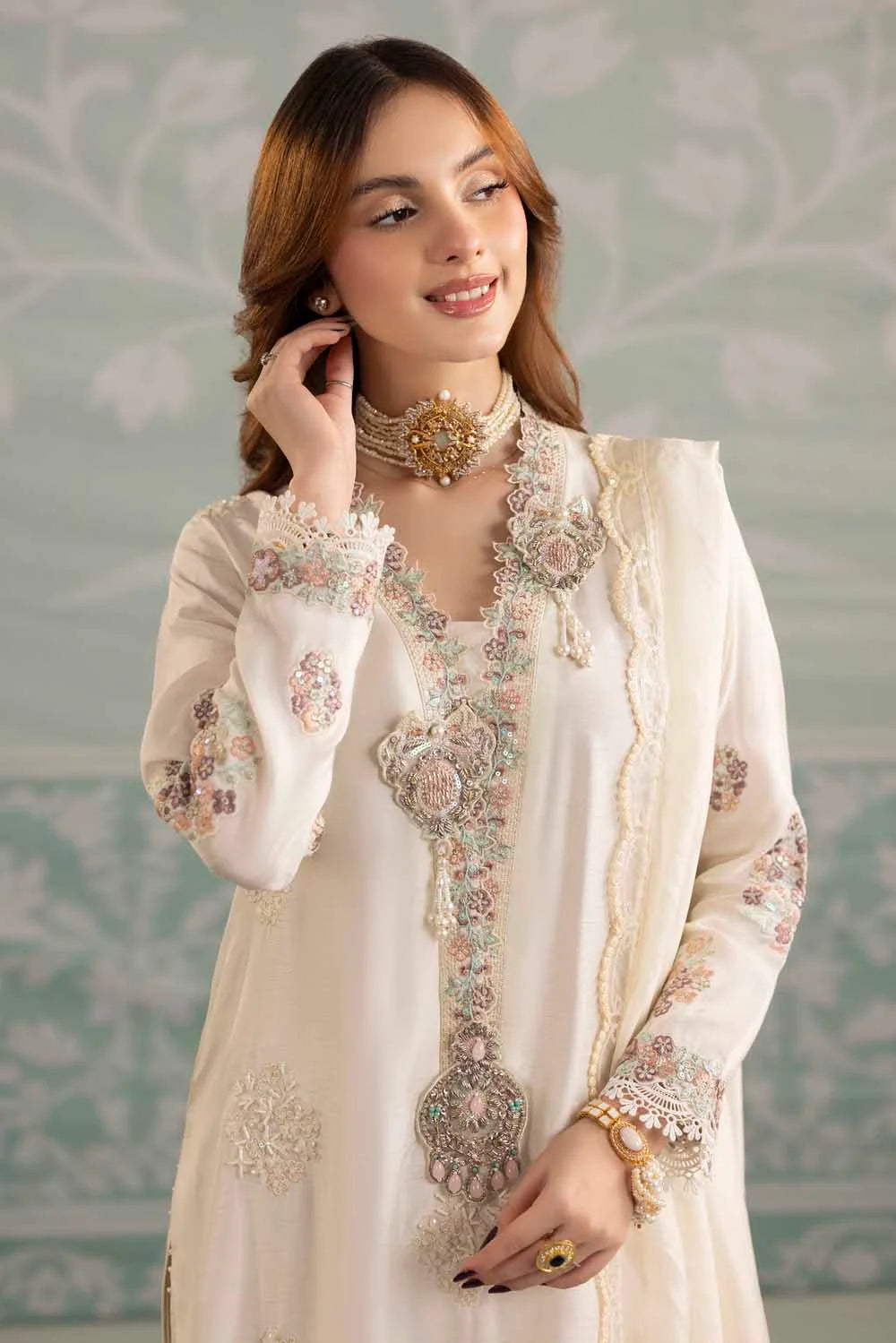 White Hand Embellished Raw Silk Suit