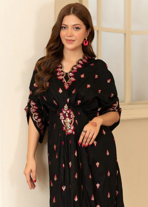 Black Linen Embroidered Kaftan