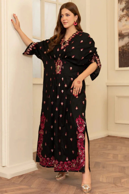 Black Linen Embroidered Kaftan