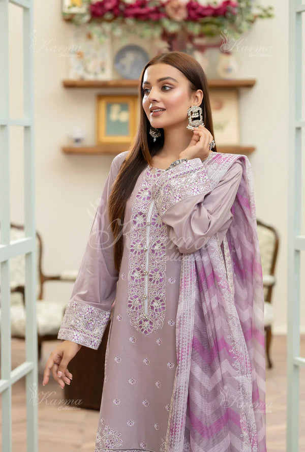 Soft Lavender Kashmiri Stitch Long Pure Cotton Suit