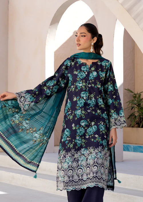 Navy Blue Printed Chikankari Lawn Kurta Set with Dupatta