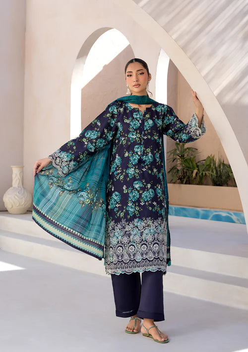 Navy Blue Printed Chikankari Lawn Kurta Set with Dupatta