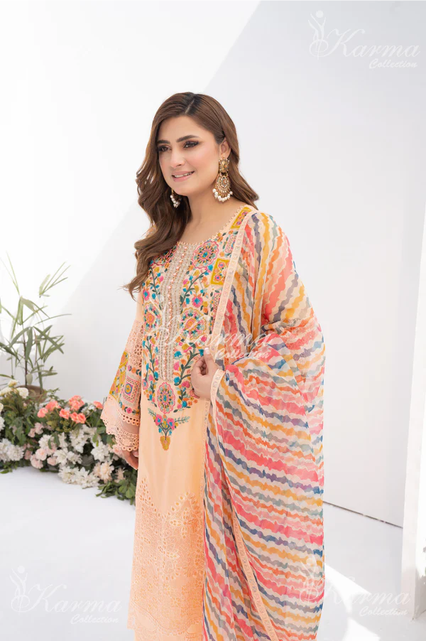 Peachy Orange Pure Cotton Chikankari Suit
