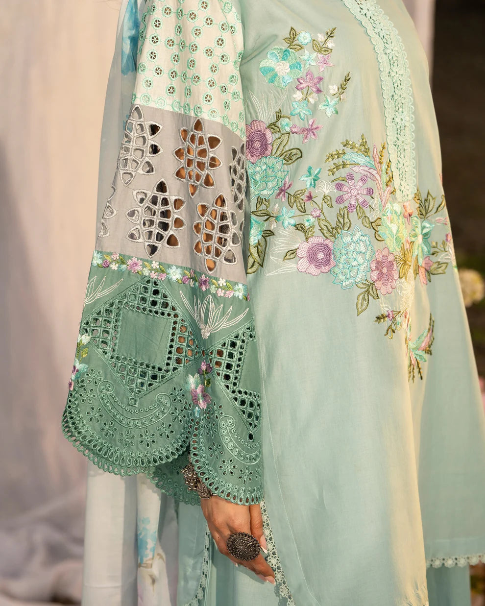 Seafoam Pure Cotton Embroidered Suit with Cutwork Details