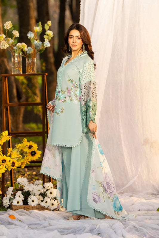 Seafoam Pure Cotton Embroidered Suit with Cutwork Details