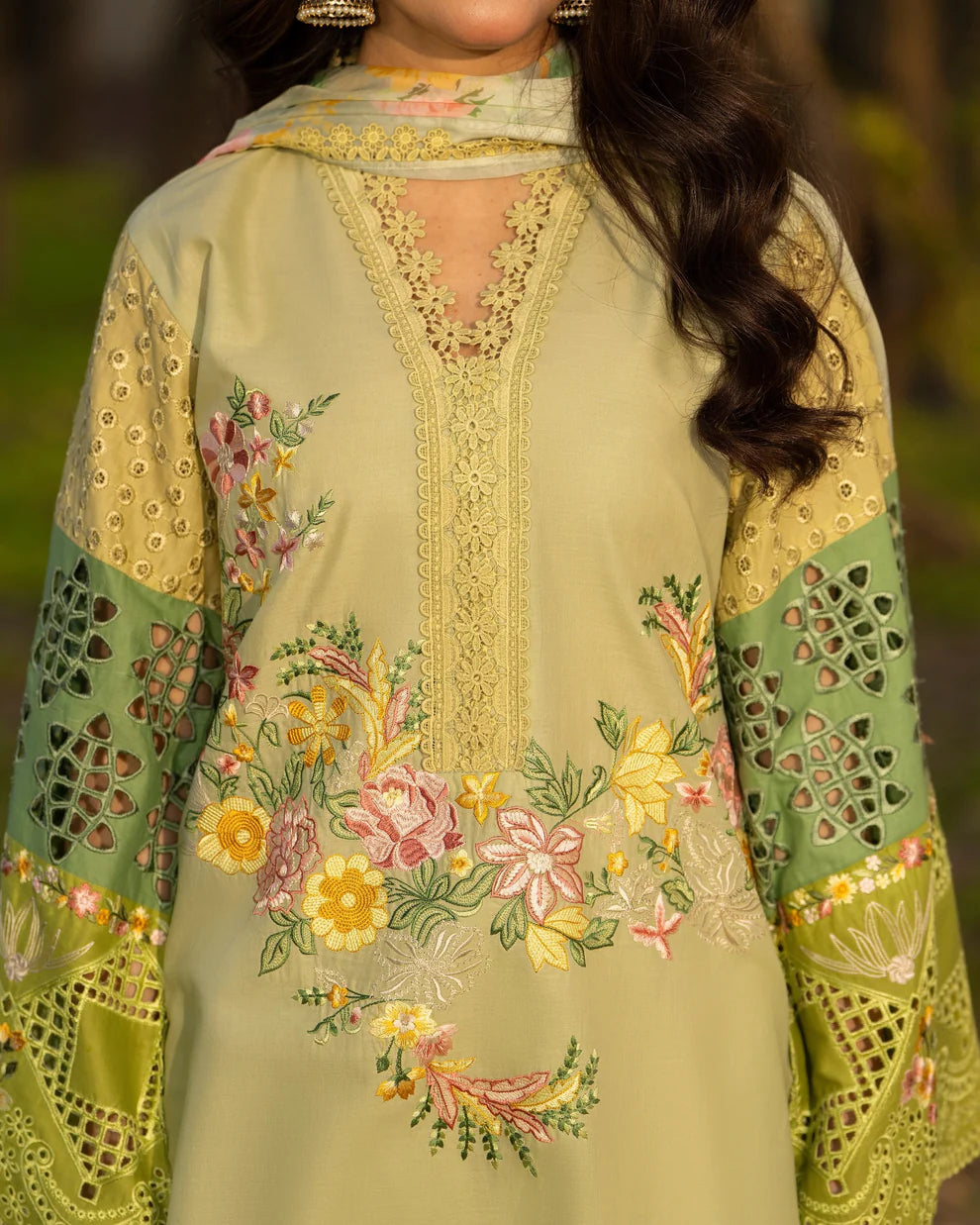 Pistachio Pure Cotton Embroidered Suit with Cutwork Details