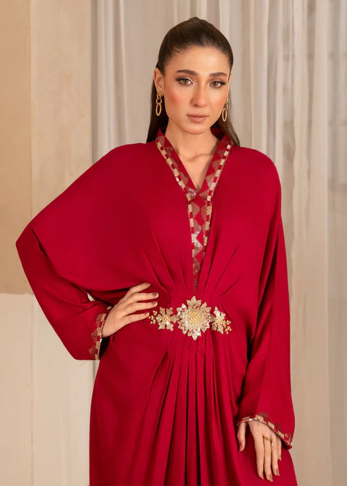 Persian Red Embroidered Lawn Kaftan