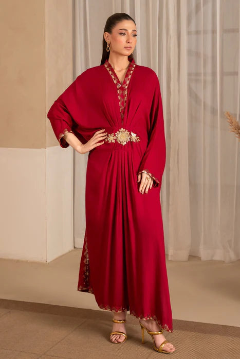 Persian Red Embroidered Lawn Kaftan