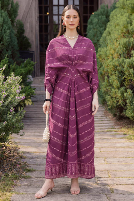 Magenta Embroidered Lawn Straight Cut Kaftan