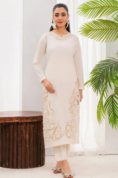 Pearl White Lawn Kurta Set with Laser Cutwork