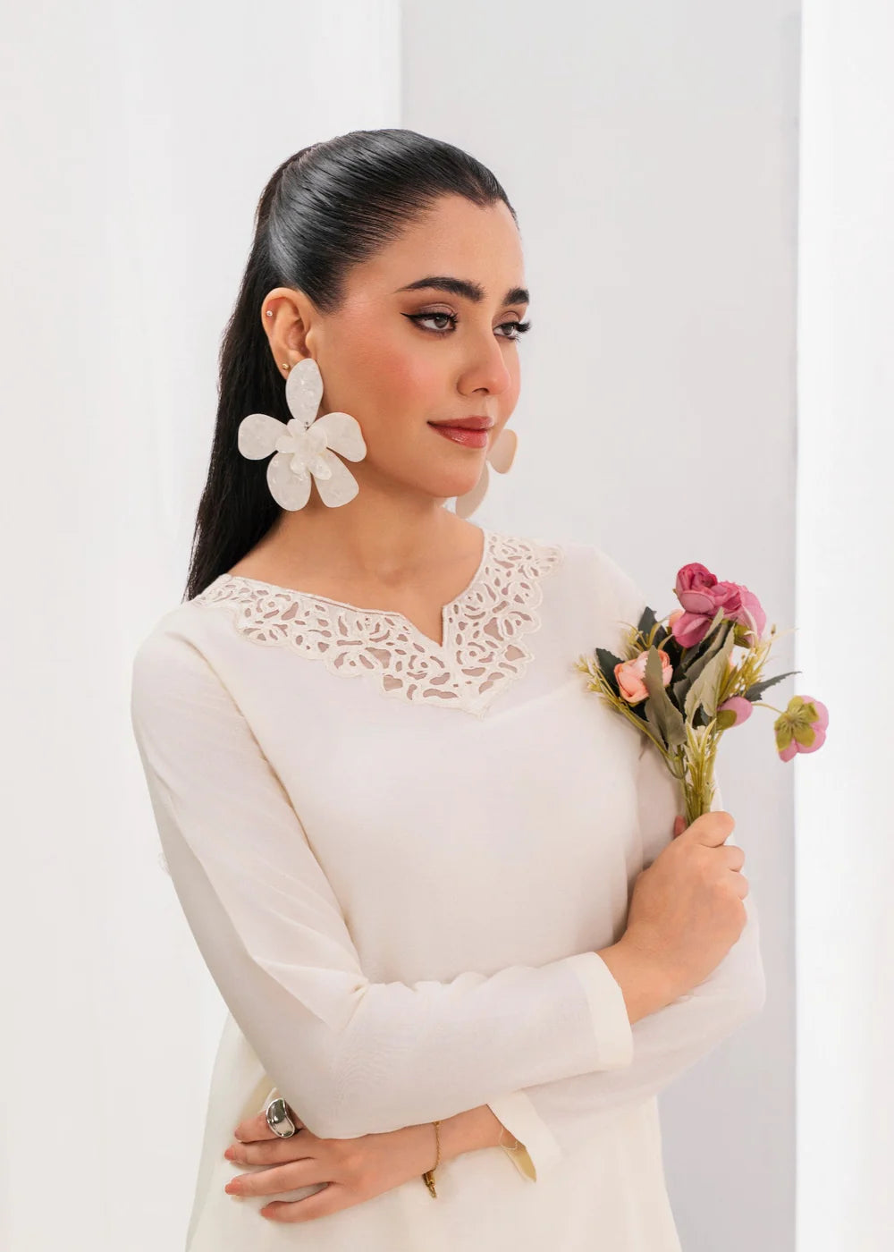 Pearl White Lawn Kurta Set with Laser Cutwork