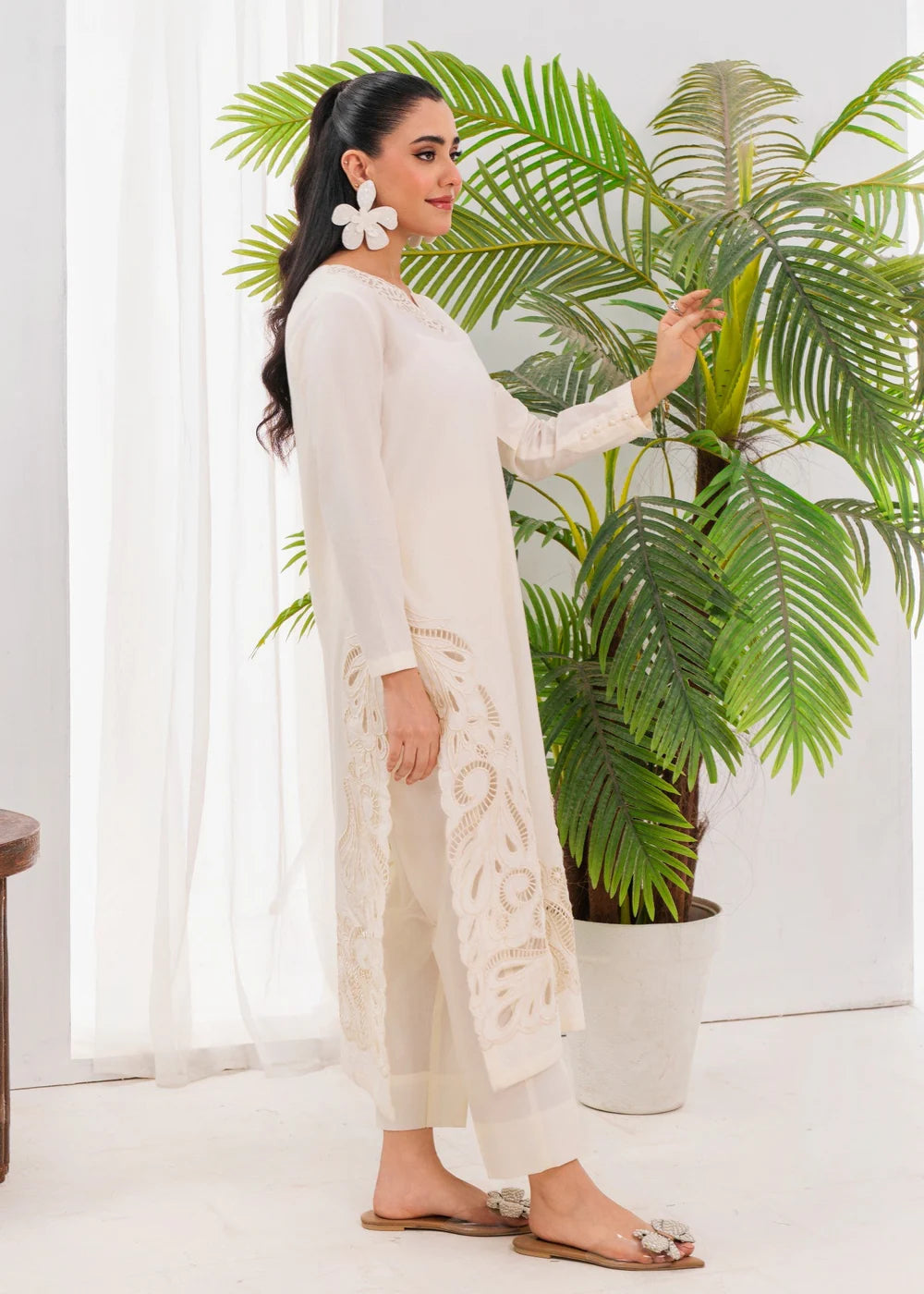 Pearl White Lawn Kurta Set with Laser Cutwork